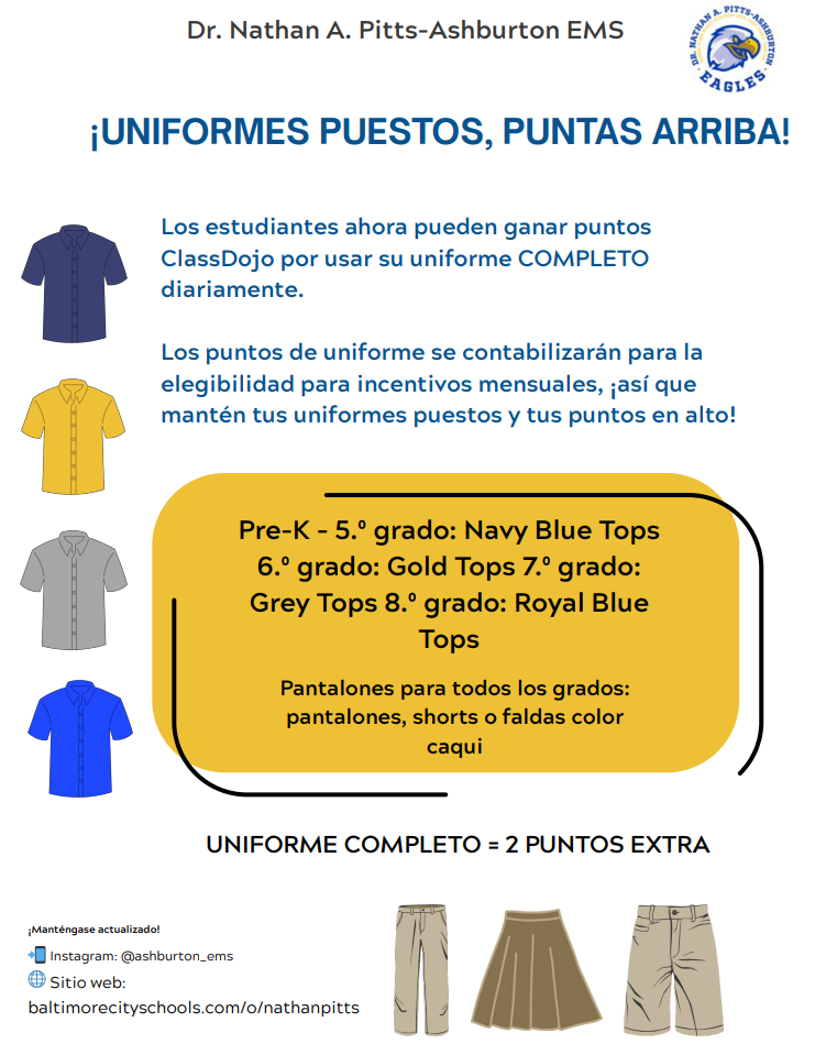 Students can now earn daily Dojo points for wearing their full uniform.  1 point for an Ashburton top and 1 point for khaki bottoms!  Points count toward the 75-point goal for our monthly incentives! 💙💛