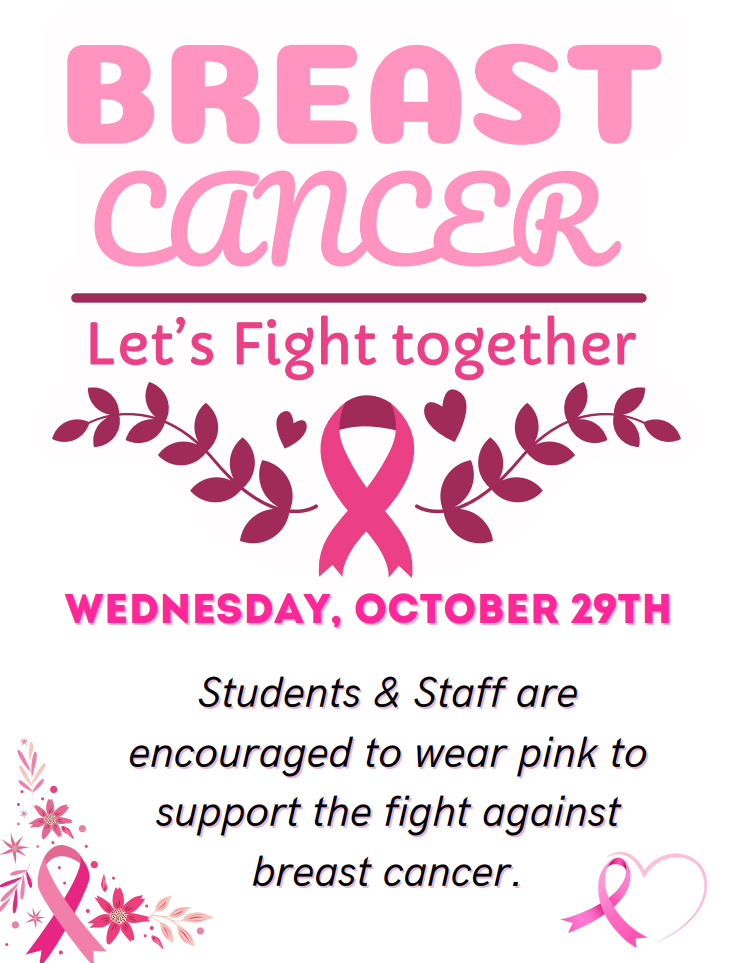 🎀 Breast Cancer Awareness Month – Wear PINK! 🎀  On Wednesday, October 29th, we’re joining together as an Ashburton family to support the fight against breast cancer. 💗  💞 Students & Staff are encouraged to wear PINK to show support, spread awareness, and stand in solidarity with survivors, fighters, and families affected by breast cancer.  Let’s fill our halls with hope, strength, and unity! 🌸