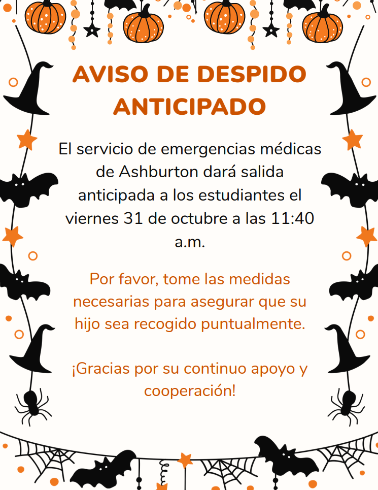 🎃 Early Dismissal Reminder! 👻  Hey Eagle Families! 🦅 Just a reminder that Friday, October 31st is an early dismissal day — students will dismiss at 11:40 a.m. ⏰  Thank you for your cooperation and support! 💛💙
