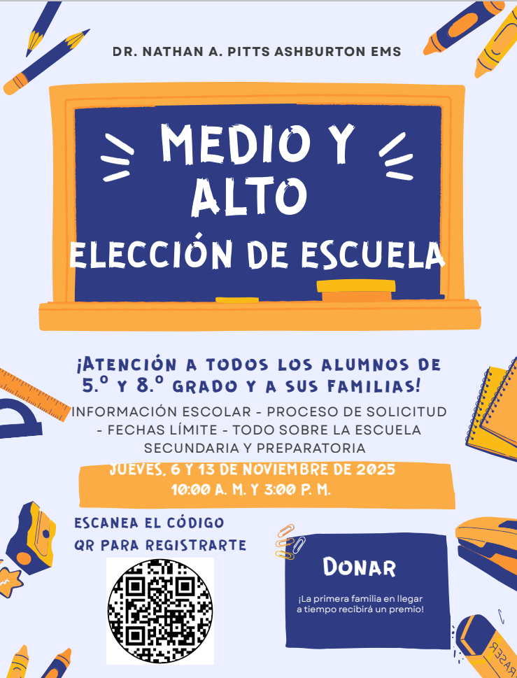🎓✨ Middle & High School Choice Info Session ✨🎓  Hey Ashburton families! 📣 Calling all 5th and 8th grade families — it’s time to start planning for Middle and High School Choice!  Join us for an in-depth session about: ✅ The school choice process ✅ Application steps & due dates ✅ Everything you need to know to prepare for next school year!  🗓️ Thursday, November 6 & 13, 2025 🕙 10:00 AM and 3:00 PM 📍 Dr. Nathan A. Pitts Ashburton EMS  🎁 Giveaway: The first family to arrive on time will receive a special prize!  📲 Scan the QR code on the flyer to register!  Let’s get our Eagles ready to soar into the next chapter! 💙💛