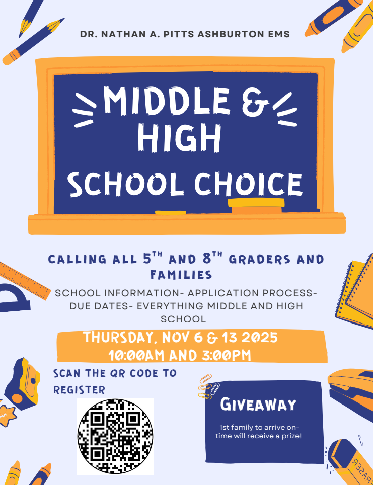🎓✨ Middle & High School Choice Info Session ✨🎓  Hey Ashburton families! 📣 Calling all 5th and 8th grade families — it’s time to start planning for Middle and High School Choice!  Join us for an in-depth session about: ✅ The school choice process ✅ Application steps & due dates ✅ Everything you need to know to prepare for next school year!  🗓️ Thursday, November 6 & 13, 2025 🕙 10:00 AM and 3:00 PM 📍 Dr. Nathan A. Pitts Ashburton EMS  🎁 Giveaway: The first family to arrive on time will receive a special prize!  📲 Scan the QR code on the flyer to register!  Let’s get our Eagles ready to soar into the next chapter! 💙💛