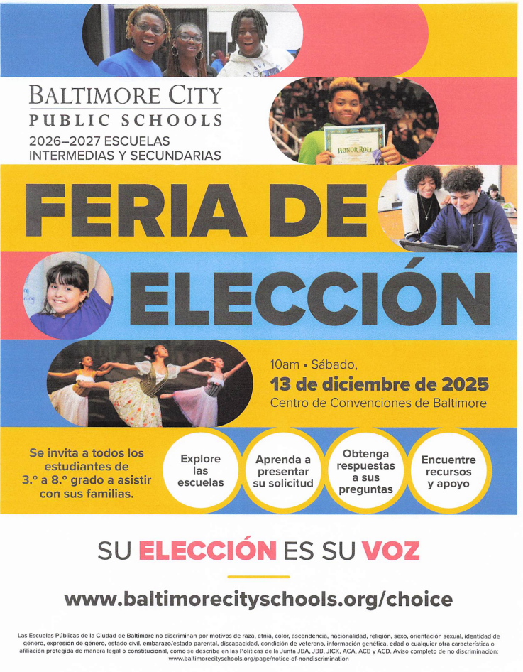 🎓✨ 2026–2027 Middle & High School Choice Fair! ✨🎓  Attention Ashburton families of 3rd–8th graders — the Baltimore City Public Schools Choice Fair is coming soon!  🗓️ Saturday, December 13, 2025 🕙 10:00 AM 📍 Baltimore Convention Center  This is a great opportunity to: ✅ Explore middle and high school options ✅ Learn how to apply ✅ Get your questions answered ✅ Find helpful resources and support  🚍 Transportation will be provided for families on a first-come, first-served basis. Please return your permission slip to Mr. Smith to secure your seat!  Let’s help our Eagles plan their next steps!💙💛  Visit 👉 www.baltimorecityschools.org/choice for more info.
