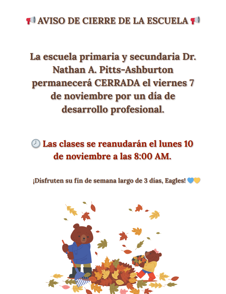 🚨 School Closure Reminder! 🚨  Ashburton EMS will be CLOSED on Friday, November 7th for a Professional Development Day.  Classes will resume on Monday, November 10th at 8:00 AM.  Enjoy your 3-day weekend, Eagles! 💙💛🦅