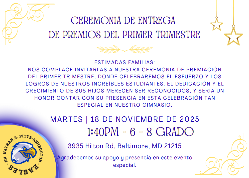 🏅 Quarter 1 Awards Ceremony – Grades 6–8 🏅  Families of our middle school Eagles, we’re excited to celebrate the accomplishments of our 6th–8th grade scholars!  📅 Tuesday, November 18th, 2025 ⏰ 1:40 PM 📍 Gymnatorium (3935 Hilton Rd, Baltimore, MD 21215)  We appreciate your support and would love for you to join us as we recognize our students’ hard work and growth. 💙💛