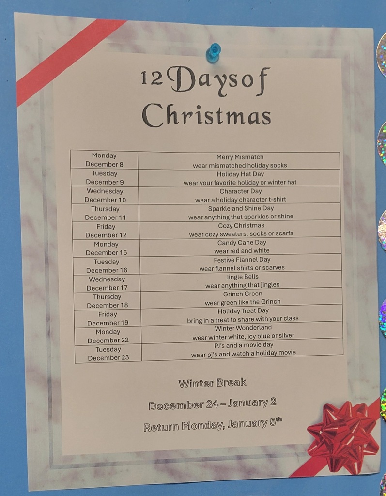 list of 12 Christmas days for Spirit week.