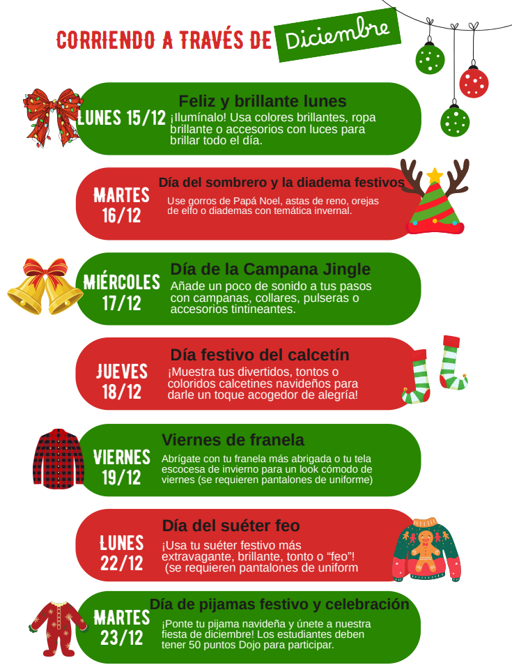 🎄 Dashing Thru December – Spirit Week at Ashburton EMS 🎄  We’re ending the year with a little extra joy and school spirit! ✨ From Monday, December 15 through Tuesday, December 23, students and staff are invited to participate in our “Dashing Thru December” Spirit Week. Each day has a fun, optional theme—students should still follow the school dress code and wear uniform bottoms on the days noted. 💙💛  Please note: Students must have 50 Dojo points to participate in the Holiday PJ Day & Celebration on Tuesday, December 23rd. 🎁🎉