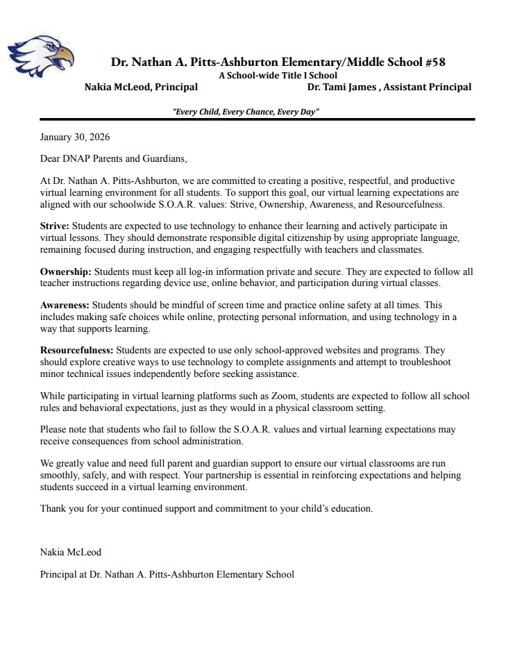 📣 Dear Ashburton Families, please review the Virtual Learning Expectations letter. The letter outlines expectations to support a safe, respectful, and productive virtual learning environment for all students 💻📚  Thank you for your flexibility, patience, and continued support 💙🦅