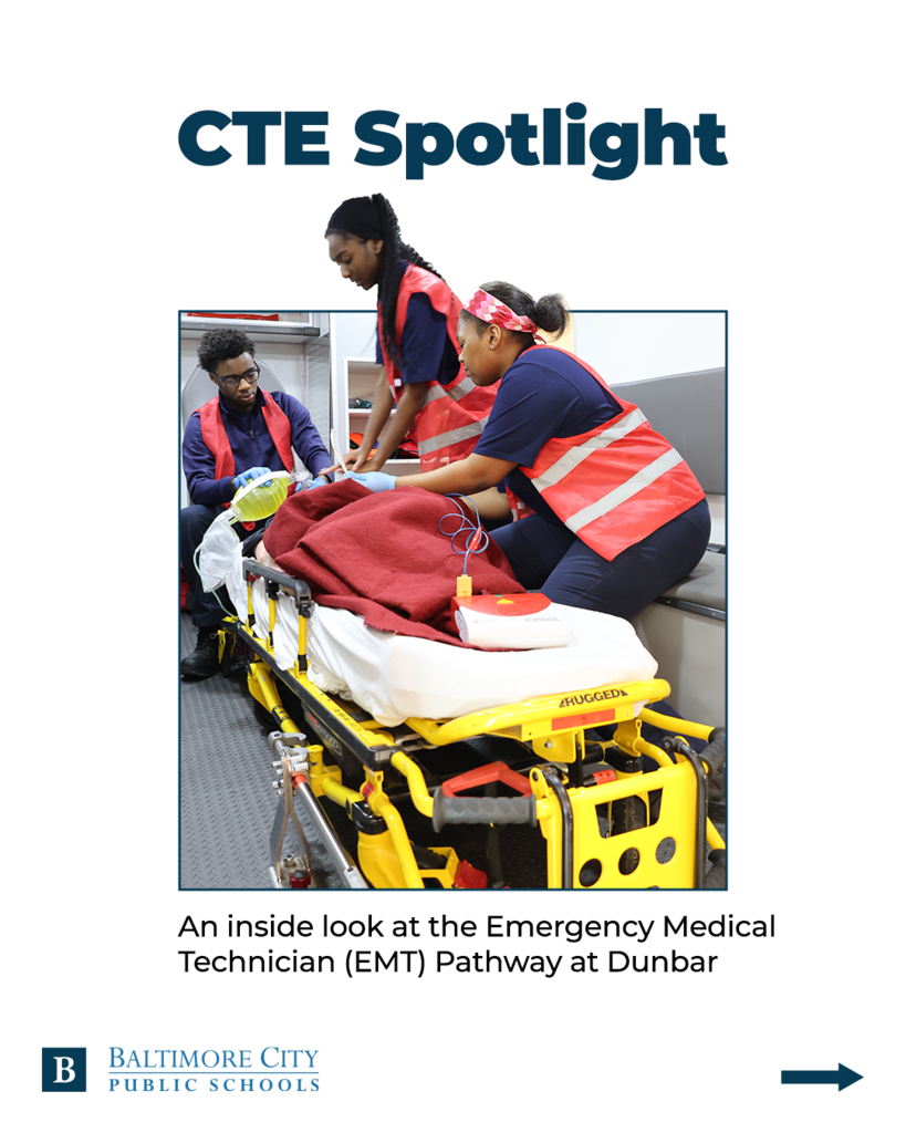 Dunbar CTE students practice a coding patient in a model ambulance