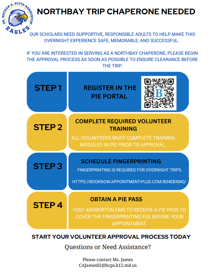 🌲 NorthBay Trip Reminder 🌲  Please return all NorthBay trip forms by Friday, March 13.  📋 Send completed consent and health forms to school as soon as possible.  ⚠️ Students cannot attend without these forms, and seats are limited.  👥 Chaperones are also needed for the trip. If you are interested in volunteering, please contact Ms. James at CAJames02@bcps.k12.md.us