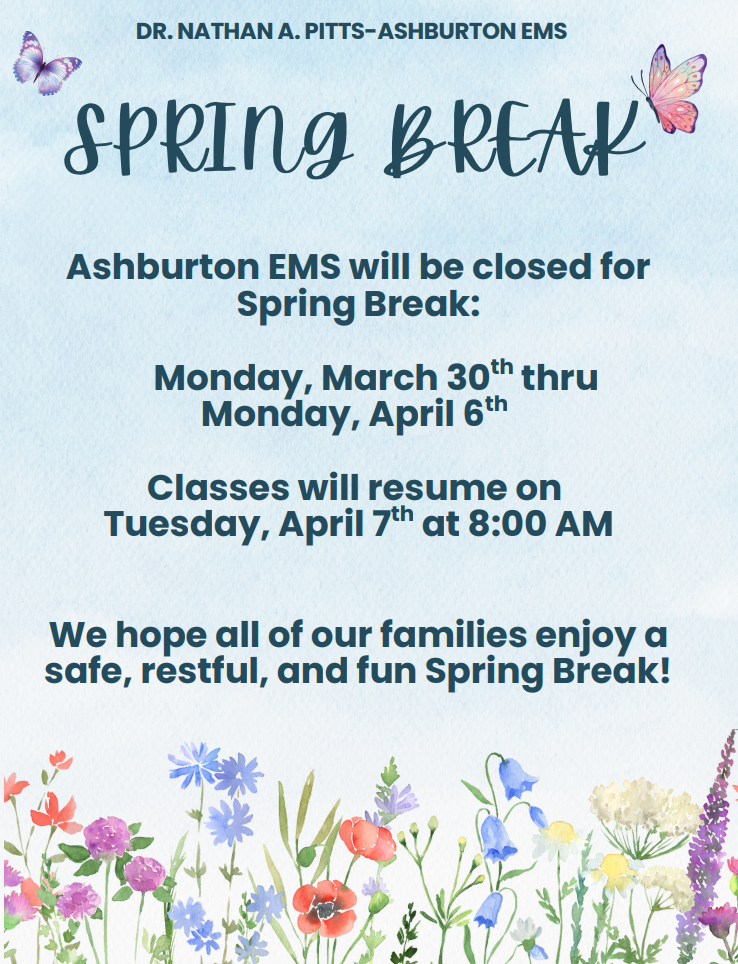 🌸 Spring Break Reminder 🌸  Ashburton EMS will be closed for Spring Break Monday, March 30 through Monday, April 6.  📚 School resumes Tuesday, April 7 at 8:00 AM  We hope everyone enjoys a safe and relaxing break! 💙