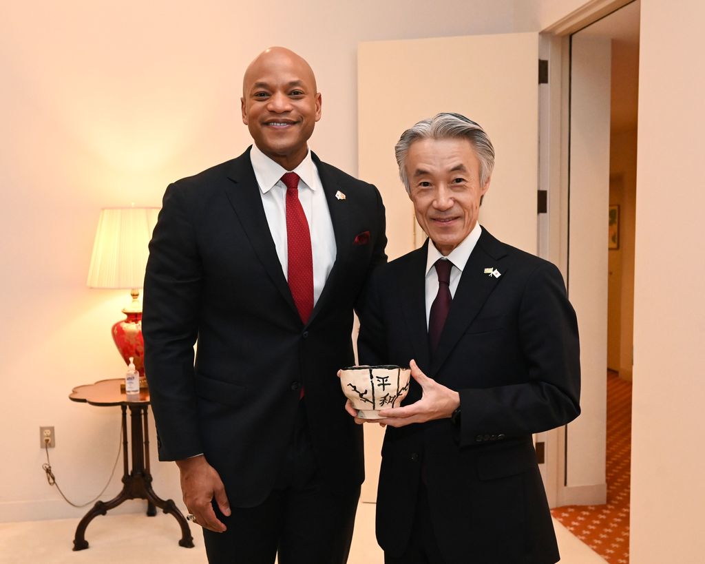 Governor Wes Moore and Ambassador Shigeo Yamada with a tea bowl created by a City Schools student