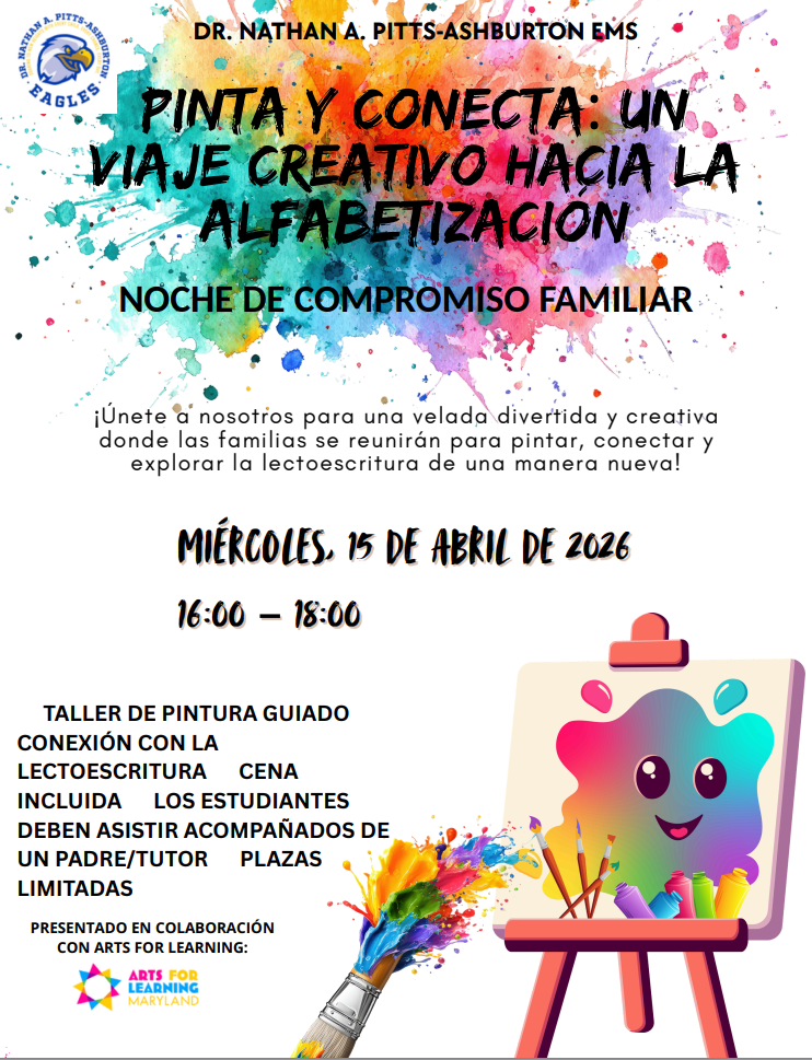 🎨✨ Family Engagement Night: Paint & Connect – A Creative Journey into Literacy ✨🎨  Get ready for a fun-filled evening of painting, creativity, and quality time with your child! Join us to create, connect, and enjoy a hands-on literacy experience.  🗓 Wednesday, April 15 ⏰ 4:00 PM – 6:00 PM 📍 Ashburton EMS Cafeteria  ✨ What to Expect: 🎨 Guided paint session with a professional artist 📚 Literacy connection 🍽 Dinner provided  👨‍👩‍👧‍👦 Students must attend with a parent or guardian ⚠️ Space is limited  Come paint, create, and make memories with us. We can’t wait to see you there!💙