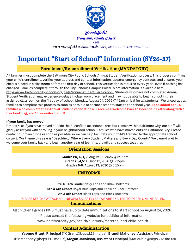 Important info for Back to School