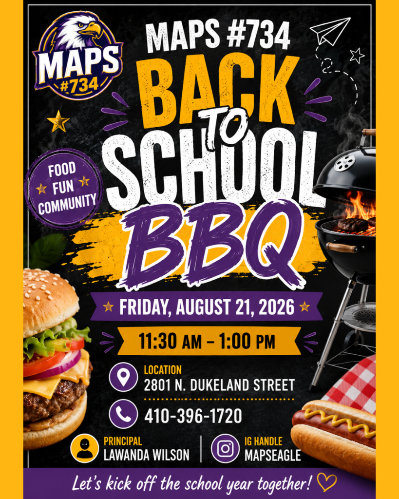 This is a flyer for a Back-to-School Orientation BBQ for a Middle Alternative School in Baltimore, Maryland.