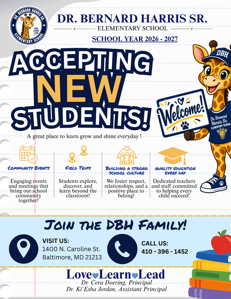Accepting new students ! Contact the school to join the school and spread the word that we are accepting new students to the school. The school address is 1400 N. Caroline Street. Baltimore, MD 21213. The office phone number is 410-396-1452.