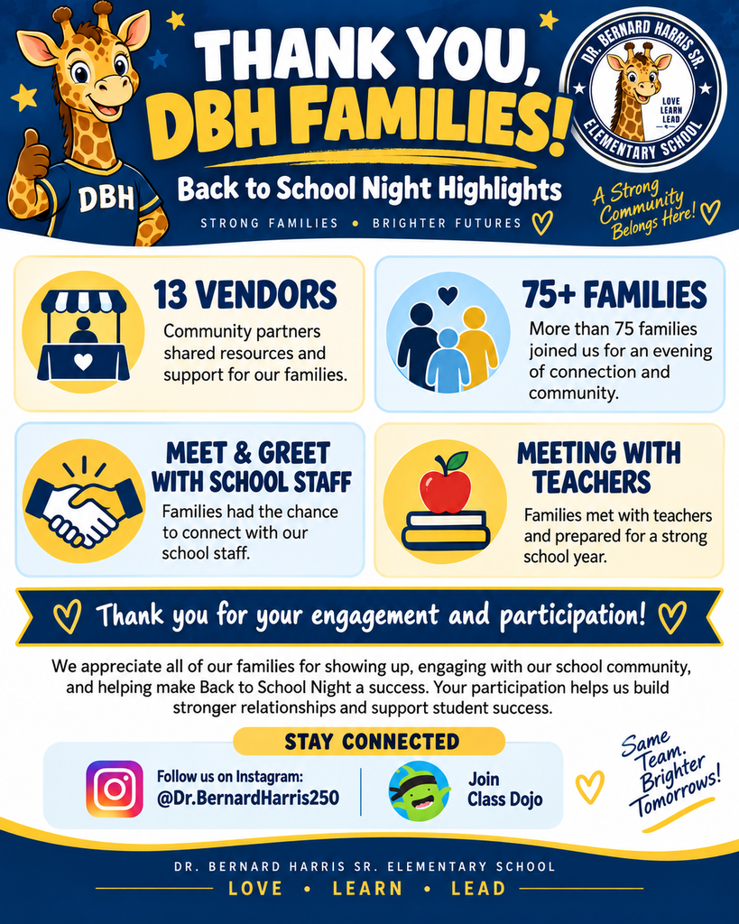Thank-you flyer from Dr. Bernard Harris Sr. Elementary School celebrating Back to School Night. The flyer highlights 13 community vendors, more than 75 families in attendance, opportunities for families to meet and greet school staff, and meetings with teachers. It thanks families for their engagement and participation and encourages them to stay connected by following @Dr.BernardHarris250 on Instagram and joining ClassDojo. The flyer uses DBH’s navy blue, white, and yellow colors and features the school’s giraffe mascot.