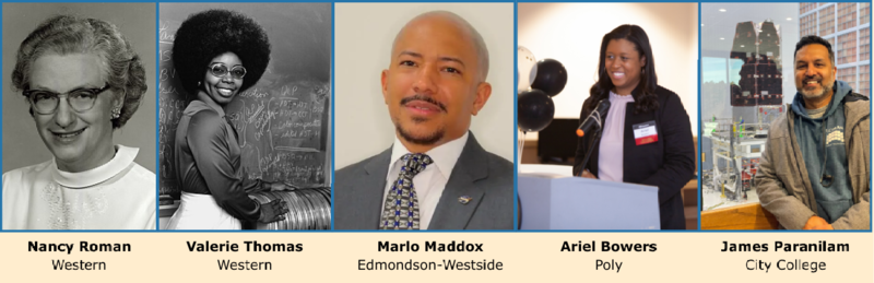 A row of headshots (from left to right: Nancy Roman, Western; Valerie Thomas, Western; Mario Maddox, Edmonson-Westside; Ariel Bowers, Poly; James Paranilam, City College