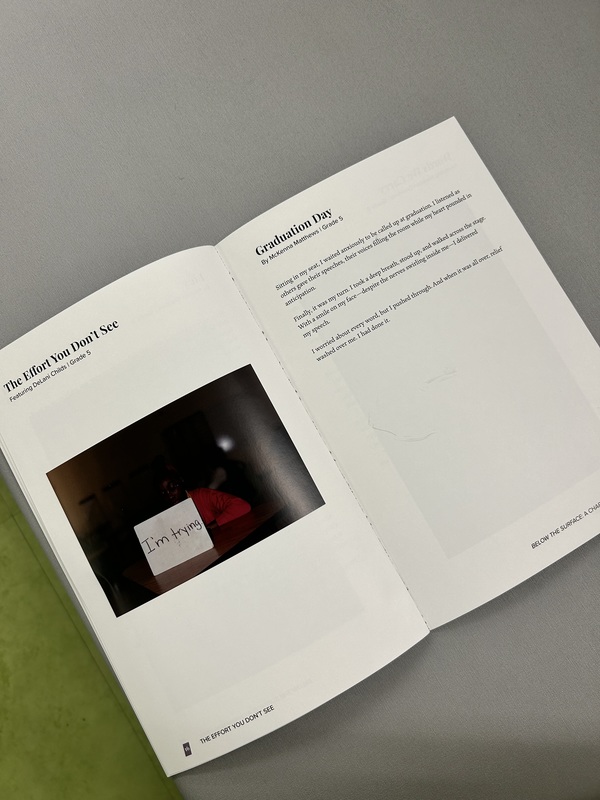 The CHARM literary magazine sits open to a page where a poem titled "I'm Trying" is shown. 