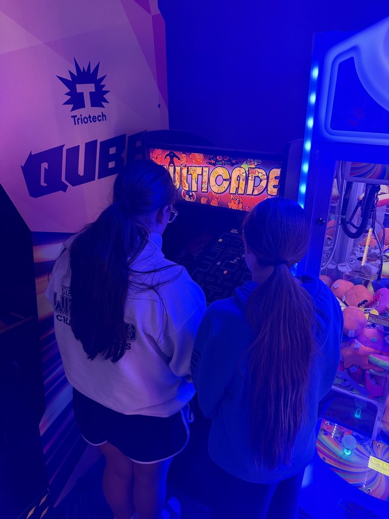 Barrett and Brook playing an arcade game. 