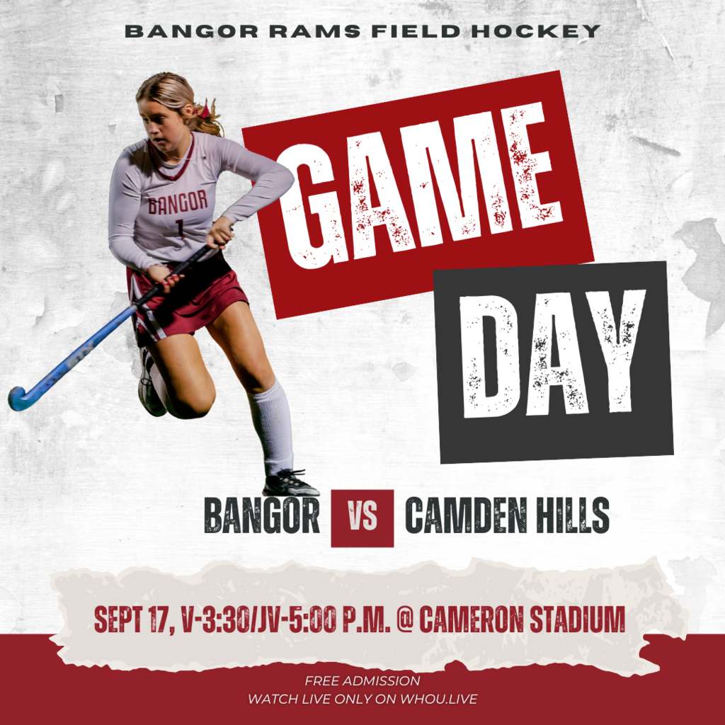 Game Day Announcement!  Join us on September 17 as the Bangor Girls Field Hockey team goes head-to-head against Camden Hills!  Varsity: 3:30 PM JV: 5:00 PM Free Admission!  Watch live only on WHOU.live  #WeAre Bangor #BangorFieldHockey #GameDay