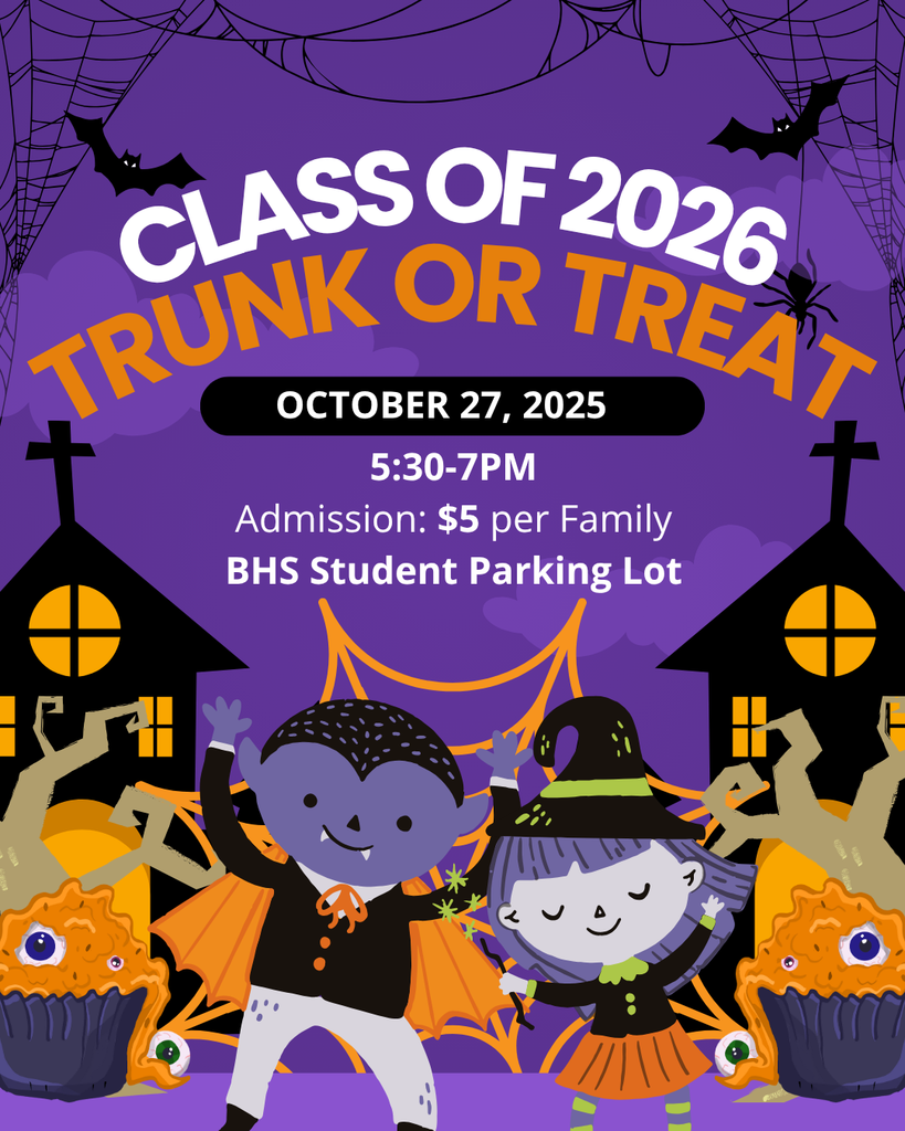 Bangor High School's Class of 2026 is excited to host a community Trunk or Treat on Monday, October 27th, from 5:30-7pm in the BHS student parking lot. This family-friendly event provides a safe and fun alternative to traditional trick-or-treating.  Admission is $5 per family, which helps support senior class activities and events. We hope you’ll join us in celebrating Halloween together while supporting our senior class!  