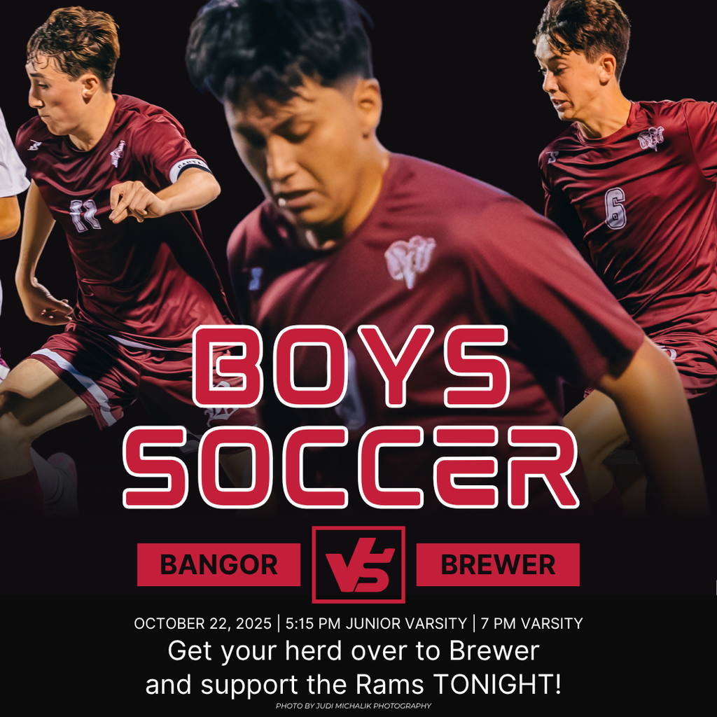 Calling all RAMS! Game Day Announcement Join us tonight in Brewer as the Rams take on the Witches!  October 22, 2025 JV @ 5:15 Pm Varsity @ 7 PM Brewer  Free Admission  Let’s show our school spirit and support our team! Go Rams!