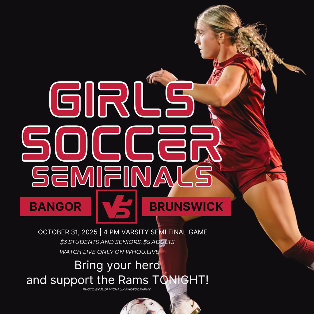 Game Day Alert!   Join us for an exciting showdown as the Bangor Rams take on Mt. Blue in the Varsity Quarter Final Game!   October 28, 2025 4 PM Cameron Stadium $3 for Students & Seniors $5 for Adults  Bring your herd and show your support for the Rams TONIGHT! Let's make some noise!  Watch Live only on WHOU.live  #WeAreBangor #GoRams