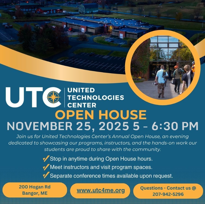 United Technologies Center is hosting their Annual Open House on Tuesday, November 25th, from 5:00–6:30 p.m.  Families are invited to tour programs, meet instructors, and see the work students are doing every day.  Please take a moment to RSVP so they can plan accordingly: 🔗 https://www.utc4me.org/forms/open-house-student-conference