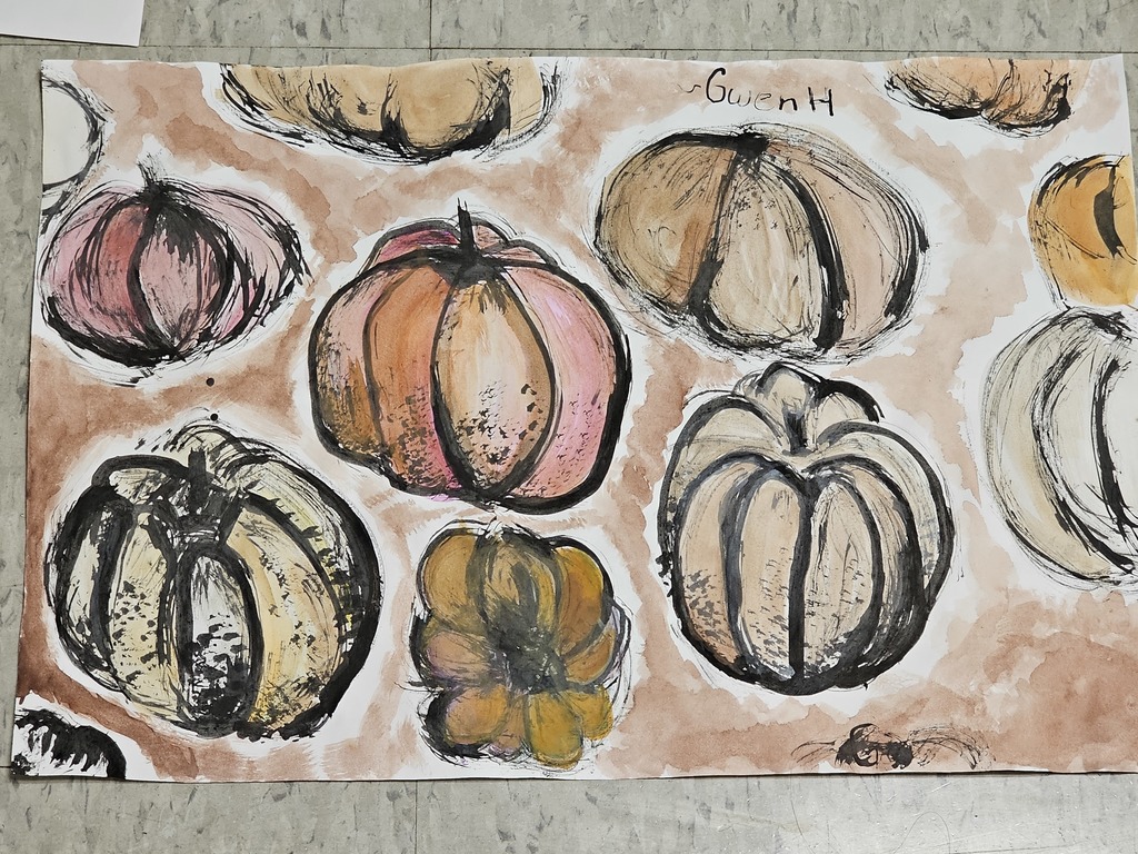 Students in Ms. Bryand's art classes used unconventional materials to create their fall-inspired art this week. Students used branches dipped in ink to draw and sketch gourds.  