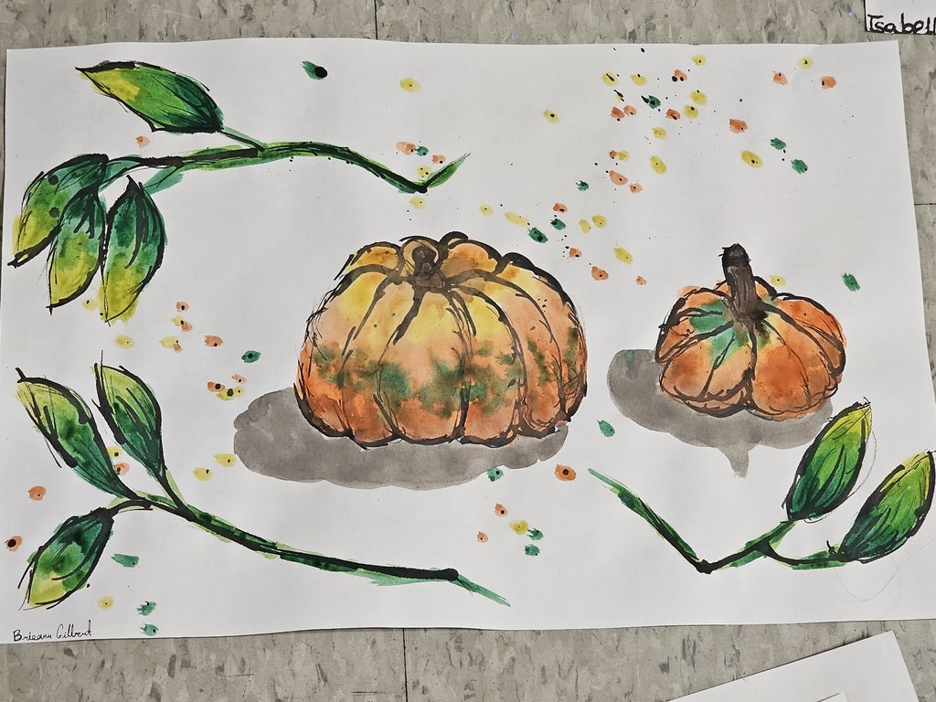Students in Ms. Bryand's art classes used unconventional materials to create their fall-inspired art this week. Students used branches dipped in ink to draw and sketch gourds.  