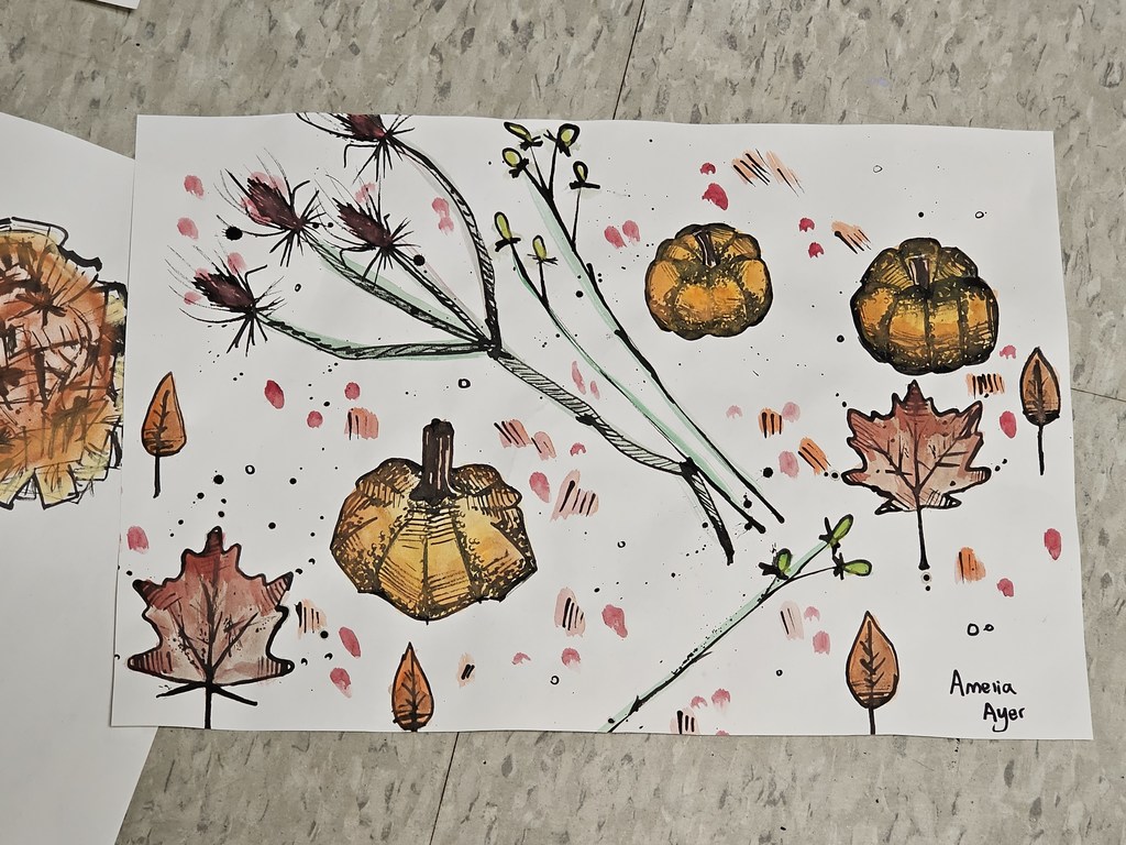 Students in Ms. Bryand's art classes used unconventional materials to create their fall-inspired art this week. Students used branches dipped in ink to draw and sketch gourds.  