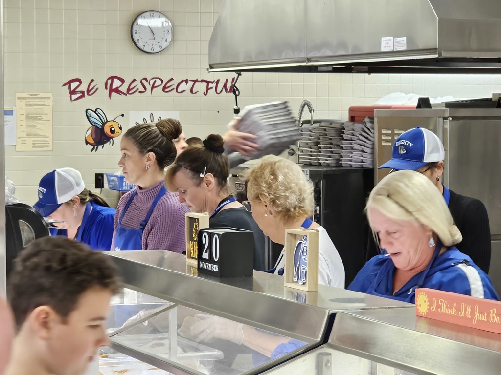 Thank you to members of the superintendent's office for being our guest servers at Doughty today! Thanksgiving lunch is one of our largest serving days of the year. You served 267 students and 42 staff today!