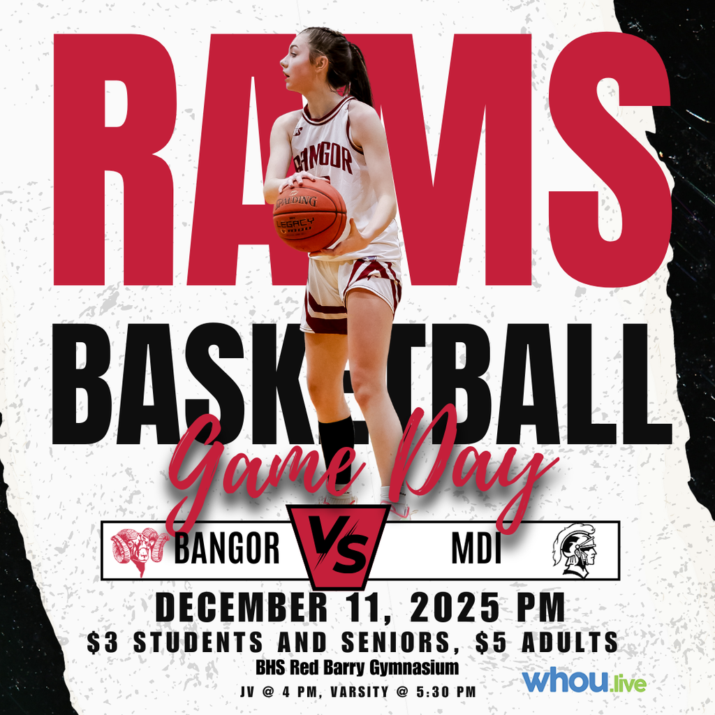 🏀 Game Day Announcement! 🏀 Bangor vs. MDI December 11, 2025 BHS Red Barry Gymnasium Game Schedule: JV: 4:00 PM Varsity: 5:30 PM Ticket Prices: Students and Seniors: $3 Adults: $5 Watch live at: WHOU.LIVE Join us for an exciting evening of basketball! #WeAreBangor