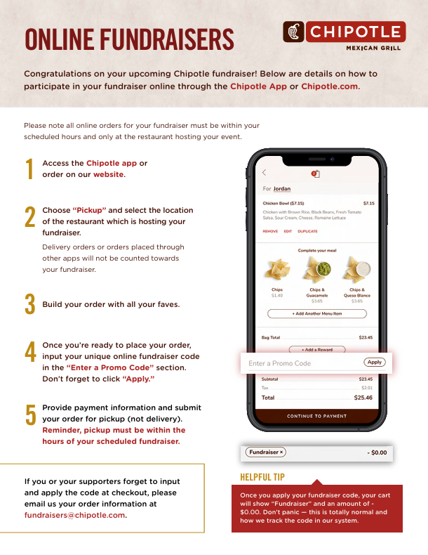 CHIPOTLE FUNDRAISER FOR PROJECT GRADUATION 25% OF EVENT SALES GET DONATED TO THE CAUSE WEDNESDAY, DECEMBER 10TH | 5-9PM 583 STILLWATER AVE, BANGOR, ME, 04401 ORDER ONLINE FOR PICKUP USING CODE KQ7BLLT OR SHOW THIS FLYER IN RESTAURANT