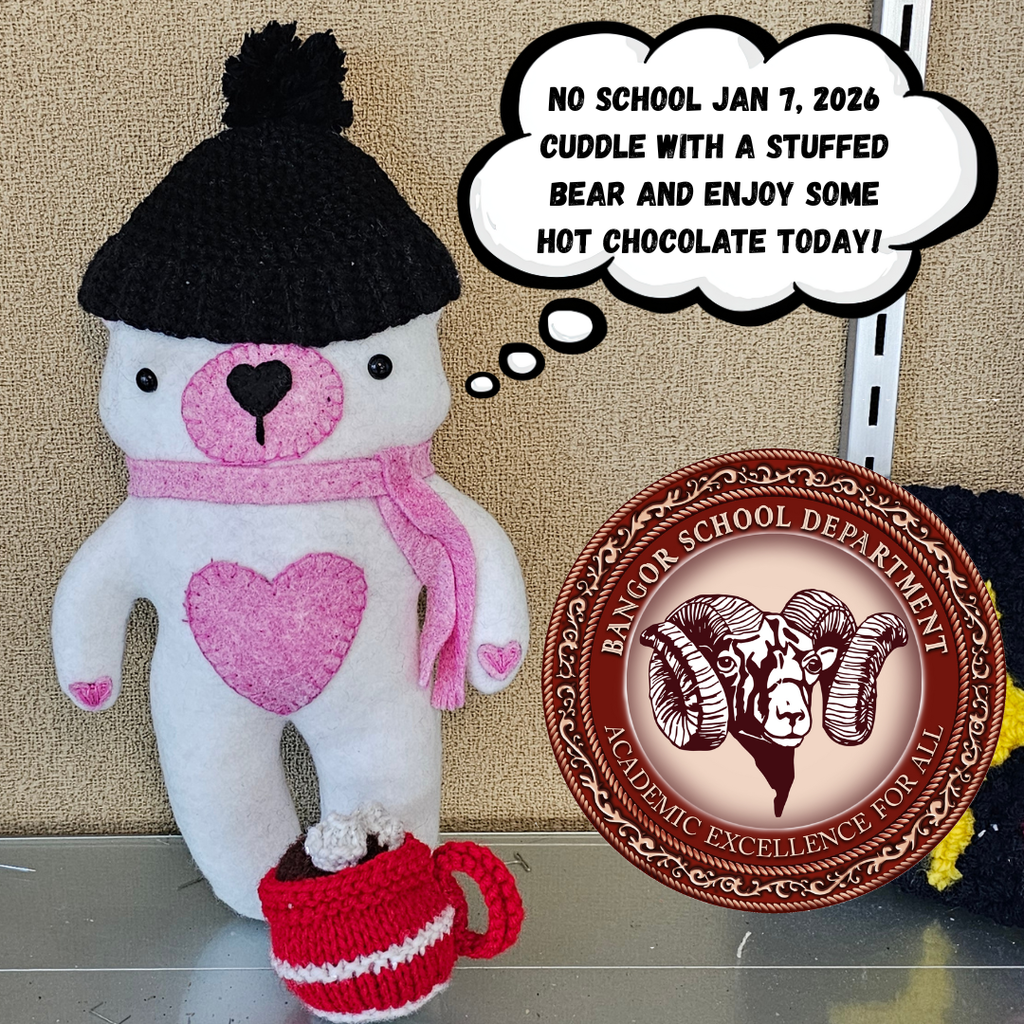 January 7, 2026  Good morning BSD Families and Staff,  Due to the predicted icy weather conditions, the Bangor School Department will be closed today, January 7, 2026. All BSD student activities scheduled for today are cancelled. Thank you and enjoy your day. 