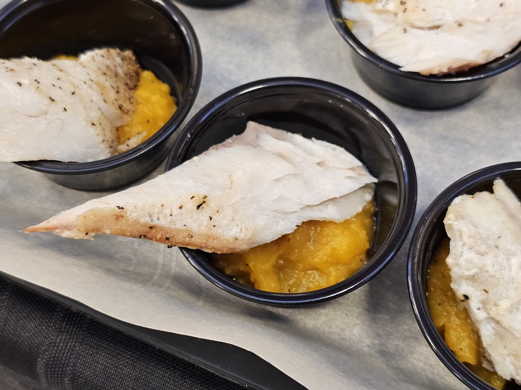 Samples of pollock and squash puree
