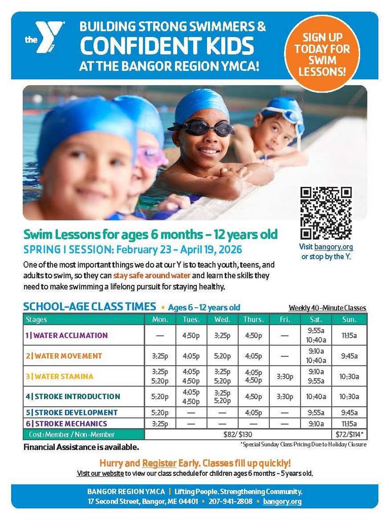 Dear Parents and Guardians, We have attached a flyer from our community partner, the Bangor Y, detailing their available summer programs. The flyer includes information on program options, dates, ages served, registration instructions, and contact details. If your child is interested in any of the programs or you have questions, please follow the registration information on the flyer or contact the Bangor Y directly.
