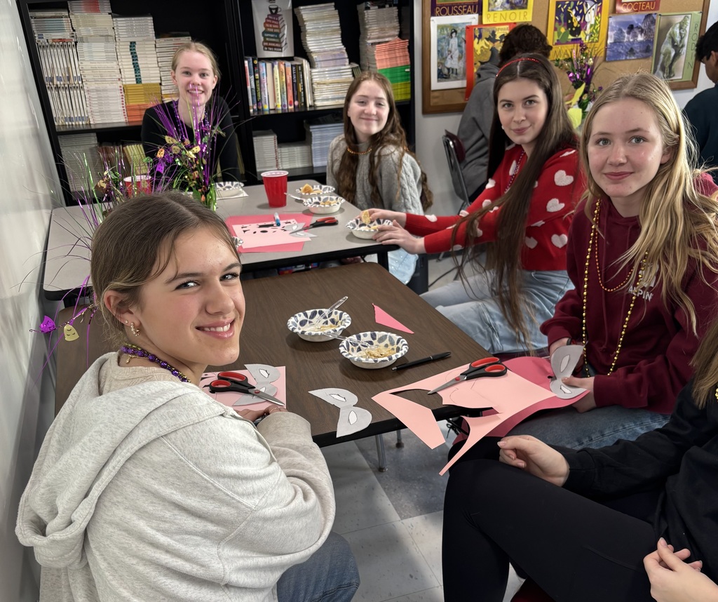 BHS French students celebrated Mardi Gras last week, making colorful masks, sharing a king cake, and tasting traditional specialties, all accompanied by festive music. A wonderful cultural immersion and lots of laughs—Laissez les bons temps rouler!