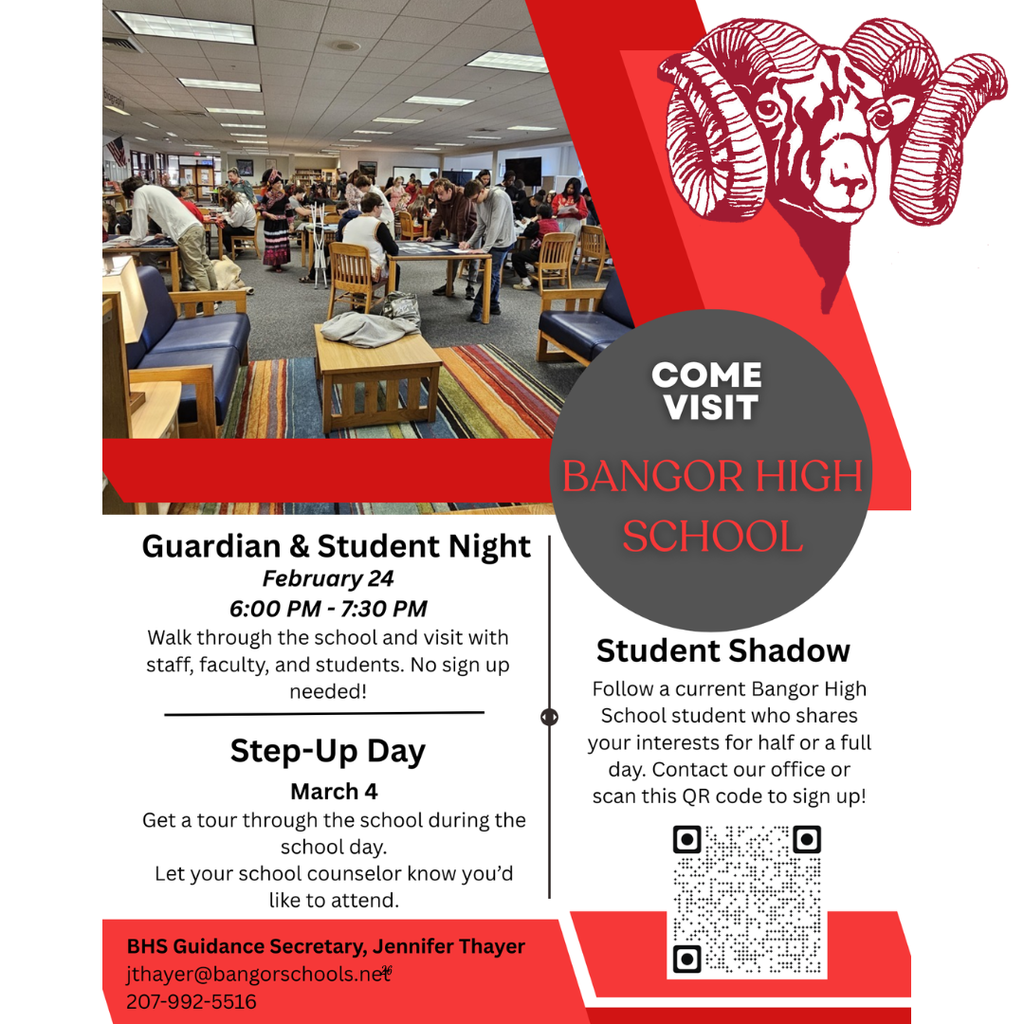 Attention Families and 8th Grade Students! We are excited to invite you to explore Bangor High School tonight, Tuesday, February 24!  Our dedicated staff and enthusiastic students will be on hand to answer questions and showcase the vibrant activities happening at BHS. Visitors will enjoy an exciting scavenger hunt and have the chance to win fabulous prizes while discovering all that BHS has to offer.  Join us for an evening of exploration, learning, and fun at Bangor High School! We can't wait to see you there!