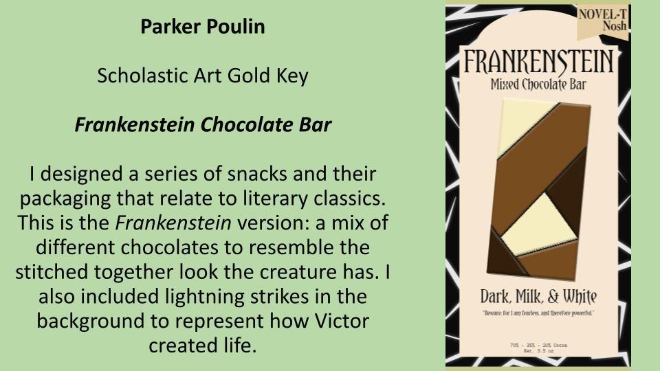 Green background displays a Frankenstein Chocolate Bar design. The chocolate bar resembles stitched pieces, with dark, milk, and white chocolate.