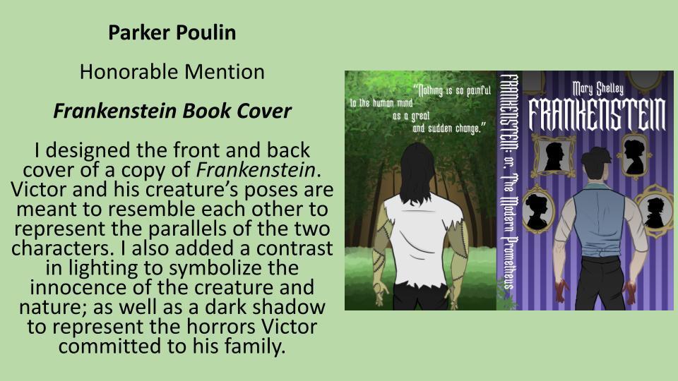 A book cover for Frankenstein with front and back cover designs. Front shows two figures, one facing forward, one backward.