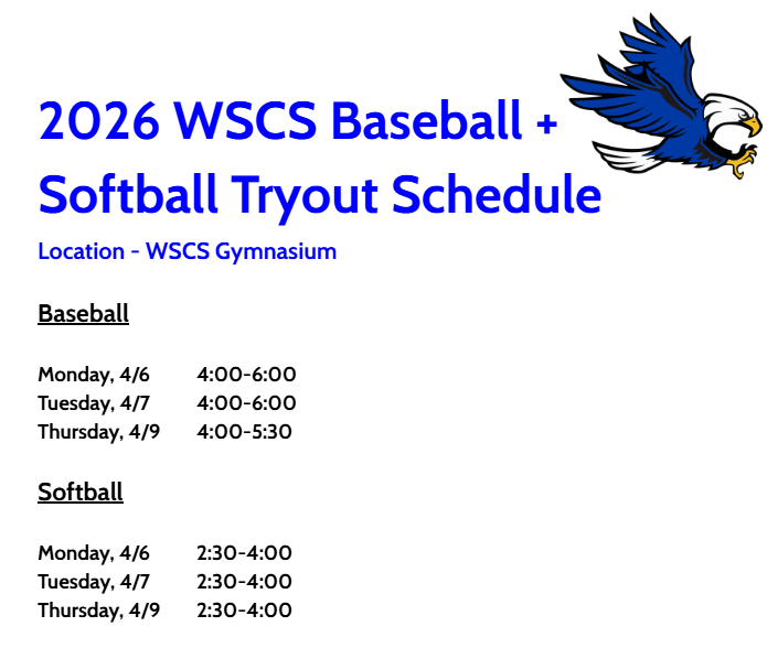 WSCS Spring 2026 Tryout Schedule