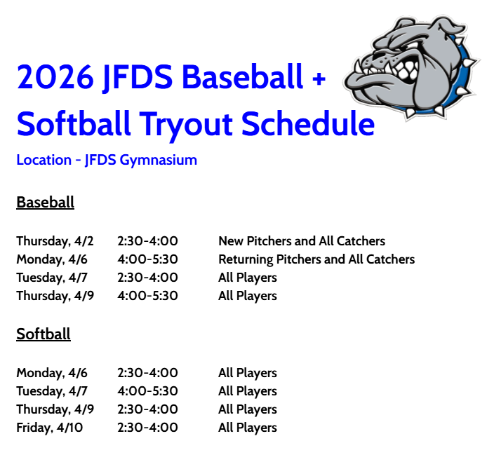 JFDS Spring 2026 Tryout Schedule