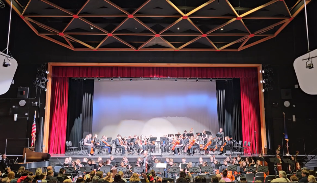 Bangor School Department orchestra students on stage and in the pit during a recent Orchestra Concert.
