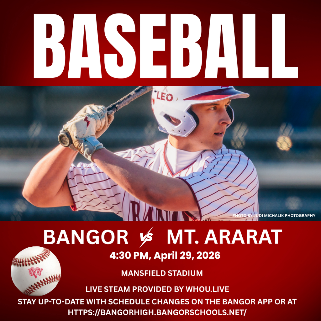 ⚾️ Baseball GAME DAY! ⚾️Bangor vs Mt. Ararat  📅 April 29, 2026 🕐 4:30 PM 🏟️ Mansfield Stadium 📺 Live Streamed by WHOU.live 🎟️ Free Admission!  📲 Stay up-to-date with any schedule changes on the Bangor App or visit https://bangorhigh.bangorschools.net/  #WeAreBangor