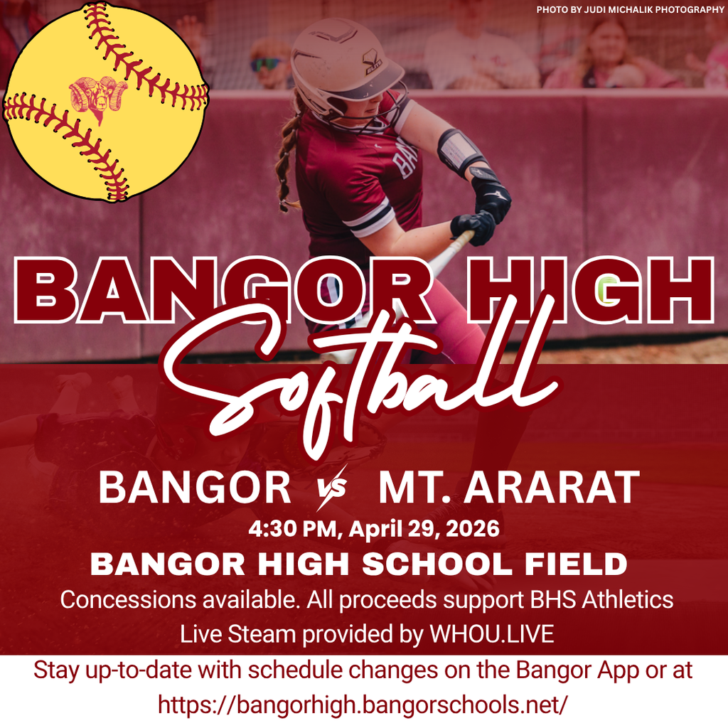 ⚾️ Softball GAME DAY! ⚾️Bangor vs Mt. Ararat  📅 April 29, 2026 🕐 4:30 PM 🏟️ BHS Field 📺 Live Streamed by WHOU.live 🎟️ Free Admission!  📲 Stay up-to-date with any schedule changes on the Bangor App or visit https://bangorhigh.bangorschools.net/  #WeAreBangor