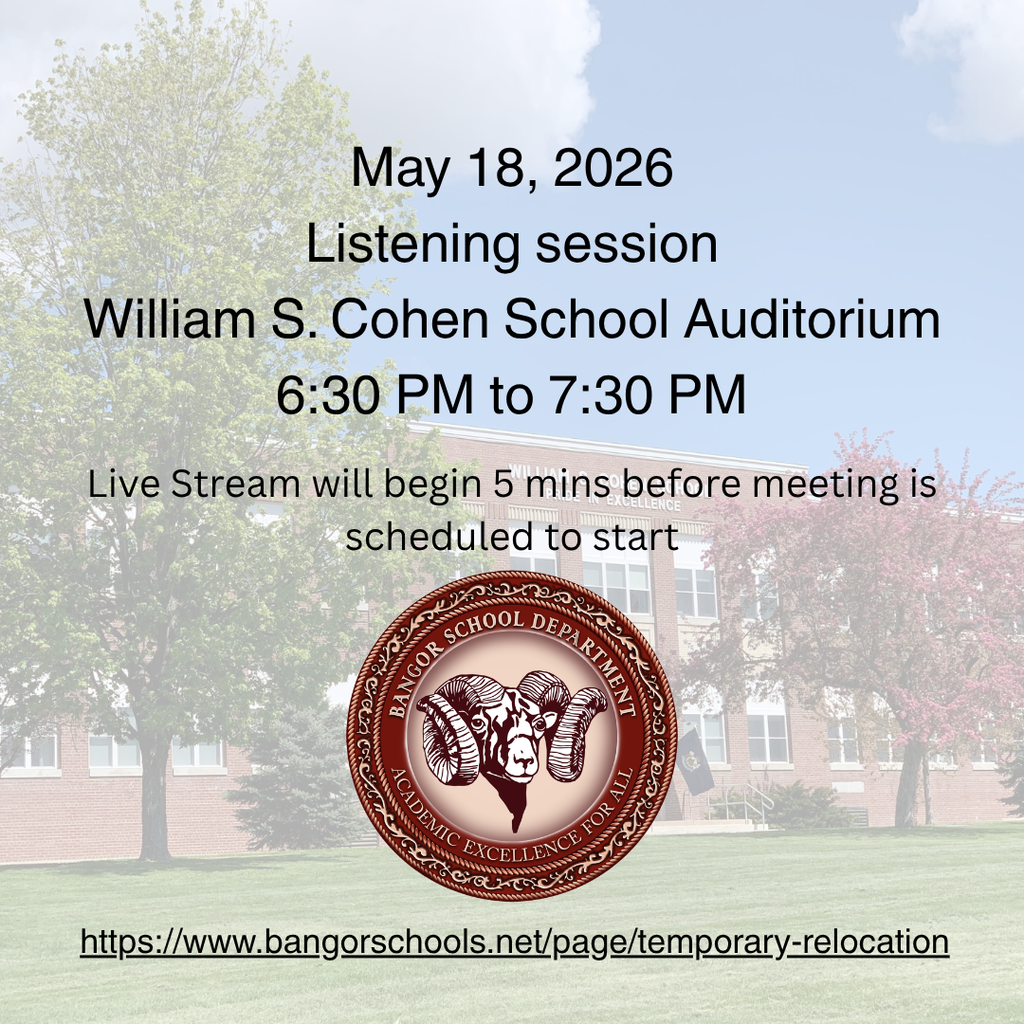 The Bangor School Department is committed to keeping our families and community informed during the Fairmount temporary relocation process.  Visit the Fairmount Temporary Relocation webpage to find: All official communications and updates Important dates and key timelines Links to watch listening sessions Resources   Whether you're a parent, staff member, or community member, this page is your central hub for the latest information.  🔗 Stay up to date: https://www.bangorschools.net/page/temporary-relocation