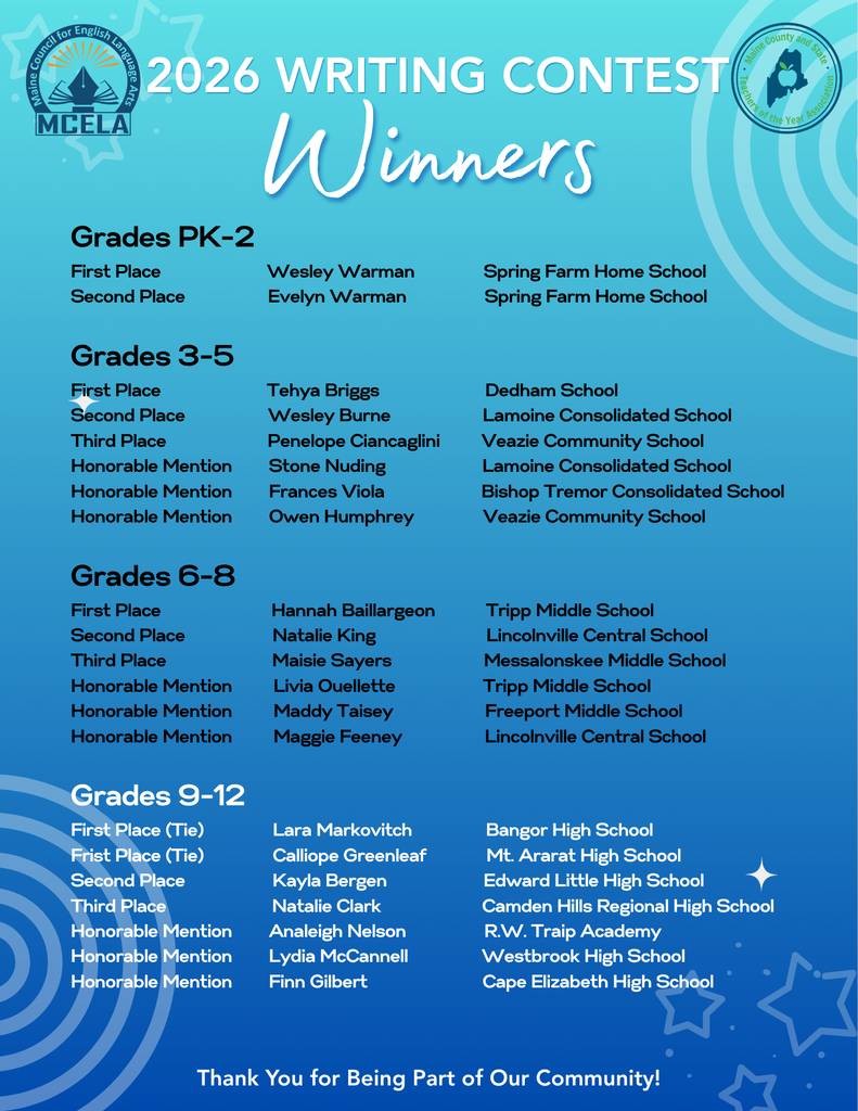 Congratulations to BHS student Lara Markovitch, who won first place in the Maine Council for English Language Arts 2026 Writing Contest!  #WeAreBangor