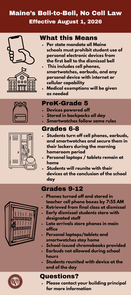 Per state mandate, all Maine public school boards must adopt and enforce a strict policy prohibiting student use of personal electronic devices for the entire duration of the school day, including cell phones, personal laptops, Smartwatches, other electronic devices with internet or cellular network capabilities —from the starting bell to the dismissal bell.* To ensure developmental appropriateness and operational success, implementation procedures are categorized into three distinct grade bands: PreK–5, 6–8, and 9–12. Grade Band Procedures  PreK - Grade 5 (Elementary) ● Storage Location: Inside the student's backpack. ● Device Status: Powered completely off. ● Smartwatches: Treated the same as cell phones; must remain in backpacks all day.  BANGOR SCHOOL DEPARTMENT  73 Harlow Street – Bangor, Maine 04401 www.bangorschools.net  Marie Robinson, Ph.D 207-262-9125 Superintendent of Schools Fax: 207-262-9126 Kathy Harris-Smedberg, Ph.D 207-262-9111 Assistant Superintendent of Schools Fax: 207-262-9128  Grades 6 - 8 ● Students turn off cell phones and secure them in their lockers during the morning homeroom period. ● Students secure personal earbuds and smartwatches in their lockers during the morning homeroom period. ● Personal laptops / tablets remain at home. ● Students will reunite with their devices at the conclusion of the school day.  Grades 9 - 12 (High School)  ● Prior to first period and by 7:55am, students will store phones, powered down, with a designated teacher in cell phone boxes for the day. ● For most students, designated storage will be with the teacher of their final class of the school day, allowing them to retrieve the phone as their school day ends. ● Students with a planned early dismissal for school-related activities (ex. field trips, away games for sports) will store phones with a designated staff member, who will also facilitate retrieval of phones as students depart for their event. ● Students arriving late to school will store their phones in the main office, where it will remain until retrieved by the student at dismissal. ● Personal devices, including laptops and tablets, will no longer be registered for personal use, and we ask that those remain at home. All students will be issued a new Chromebook for school and take-home academic use. ● Earbuds will continue to not be allowed during school hours and their use will be addressed by administration. ● Smartwatches should remain at home and their use will be addressed by administration.  Please reach out to your building principal with any questions.  **Exceptions: Medical/Communication exemptions may be made on an as needed basis