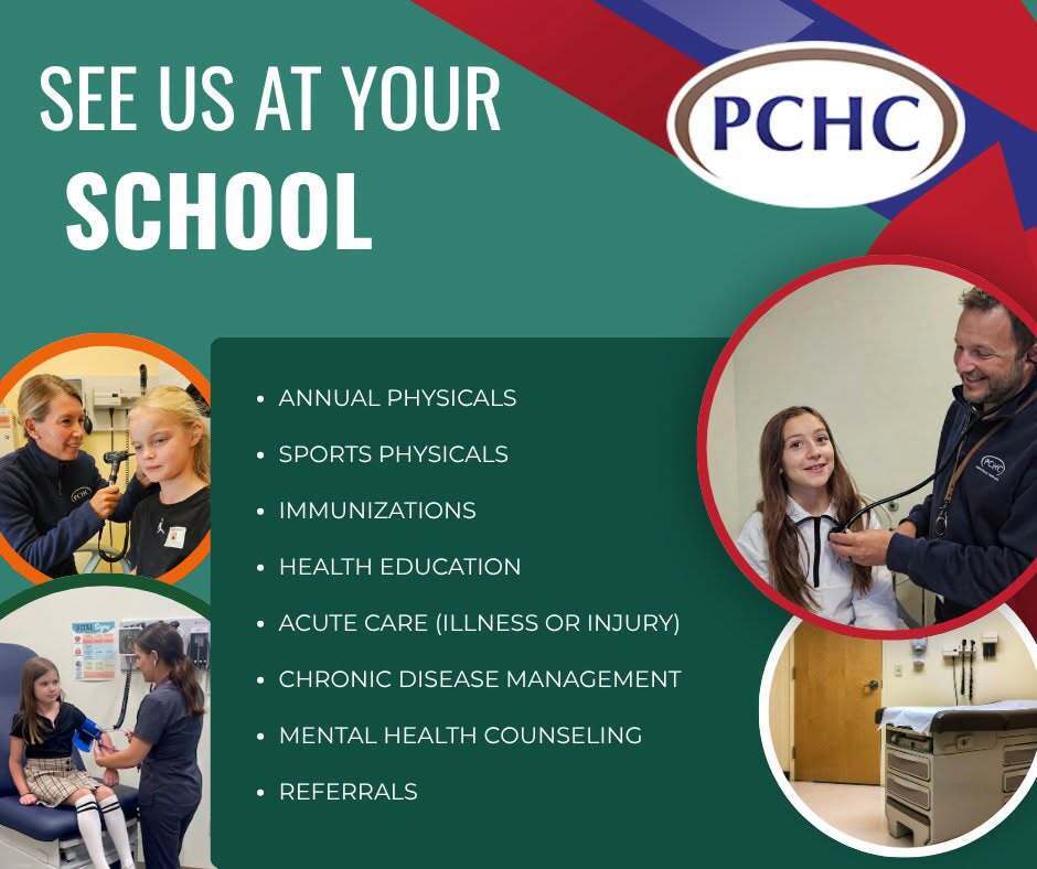 An advertisement displays a school health service offering annual physicals, sports physicals, immunizations, and more.